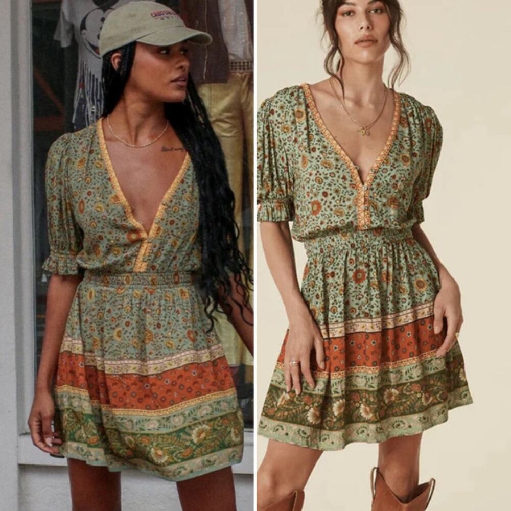 ✨Spell Lady Untamed Matcha Playdress Boho Floral Mini Festival Dress Sz M